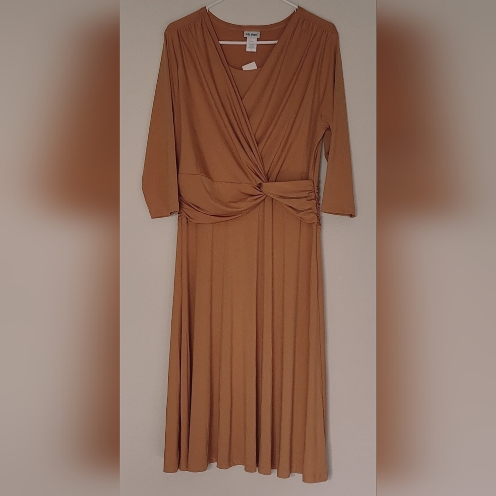Vicki Wayne Mustard Shift Dress 3/4 Sleeve Faux Wrap Style Ruched Sz 12 (NWT)